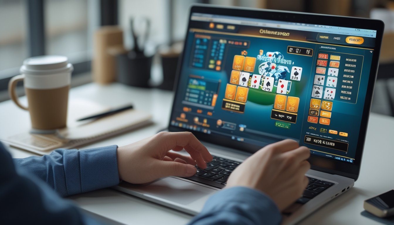 Tangan seseorang bermain permainan Chinese Poker online di depan layar komputer dengan ponsel yang menunjukkan perhitungan poin bonus.
