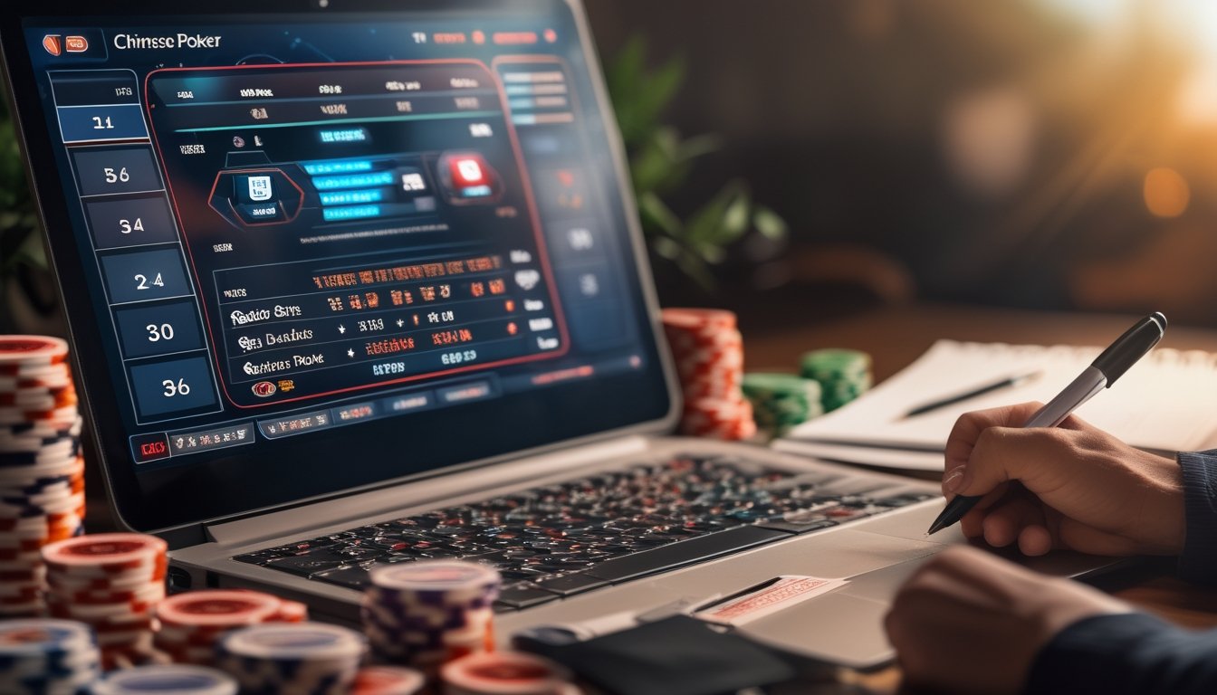 Sebuah setup permainan poker online dengan komputer, kartu remi, dan chip poker di atas meja.