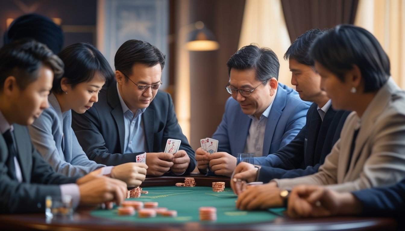 Beberapa orang sedang bermain Chinese Poker di meja dengan ekspresi serius dan satu pemain tersenyum percaya diri.