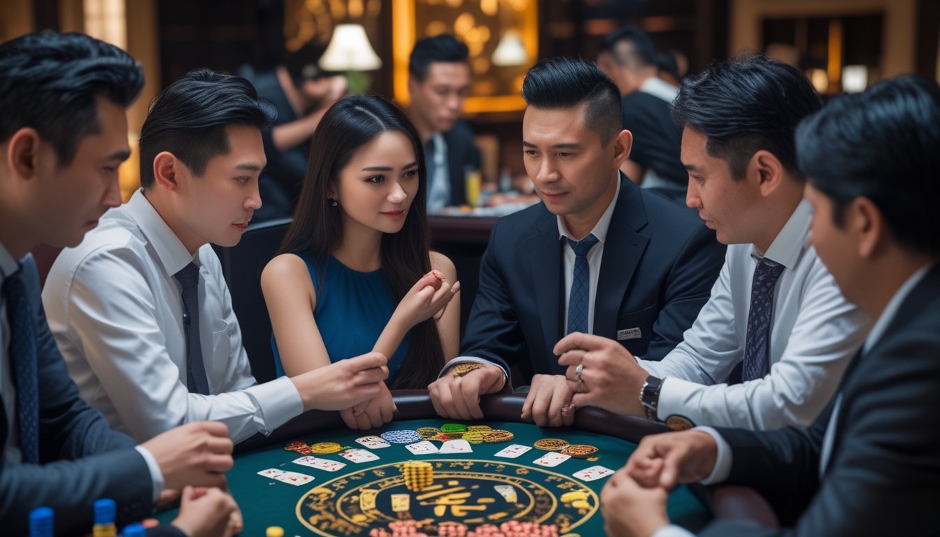Sekelompok orang dewasa bermain Chinese Poker di meja dengan ekspresi serius, satu pemain tampak sedang melakukan bluffing dengan kartu di tangan.