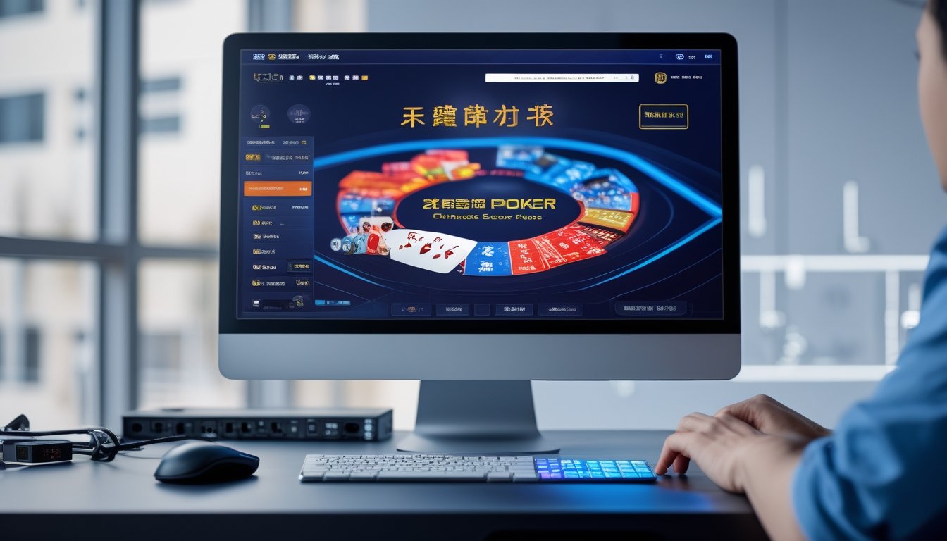 Seseorang sedang bermain poker online di komputer dengan latar belakang server dan peralatan teknologi.