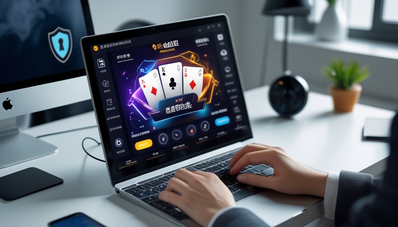 Seorang pengguna sedang bermain Chinese Poker online di laptop dengan tampilan kartu yang jelas dan suasana ruang kerja yang rapi.