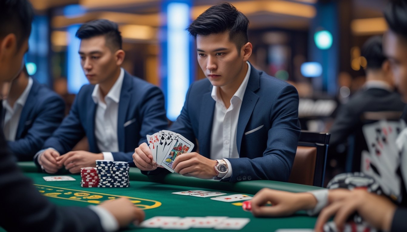 Seorang pemain poker Asia yang fokus sedang membaca pola kartu lawan di meja poker dalam suasana kasino.