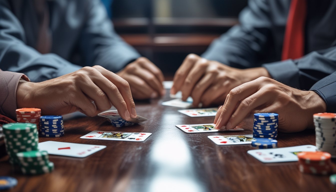 Dua pemain sedang serius membaca pola kartu poker Cina di atas meja kayu dengan tumpukan chip di sekitarnya.