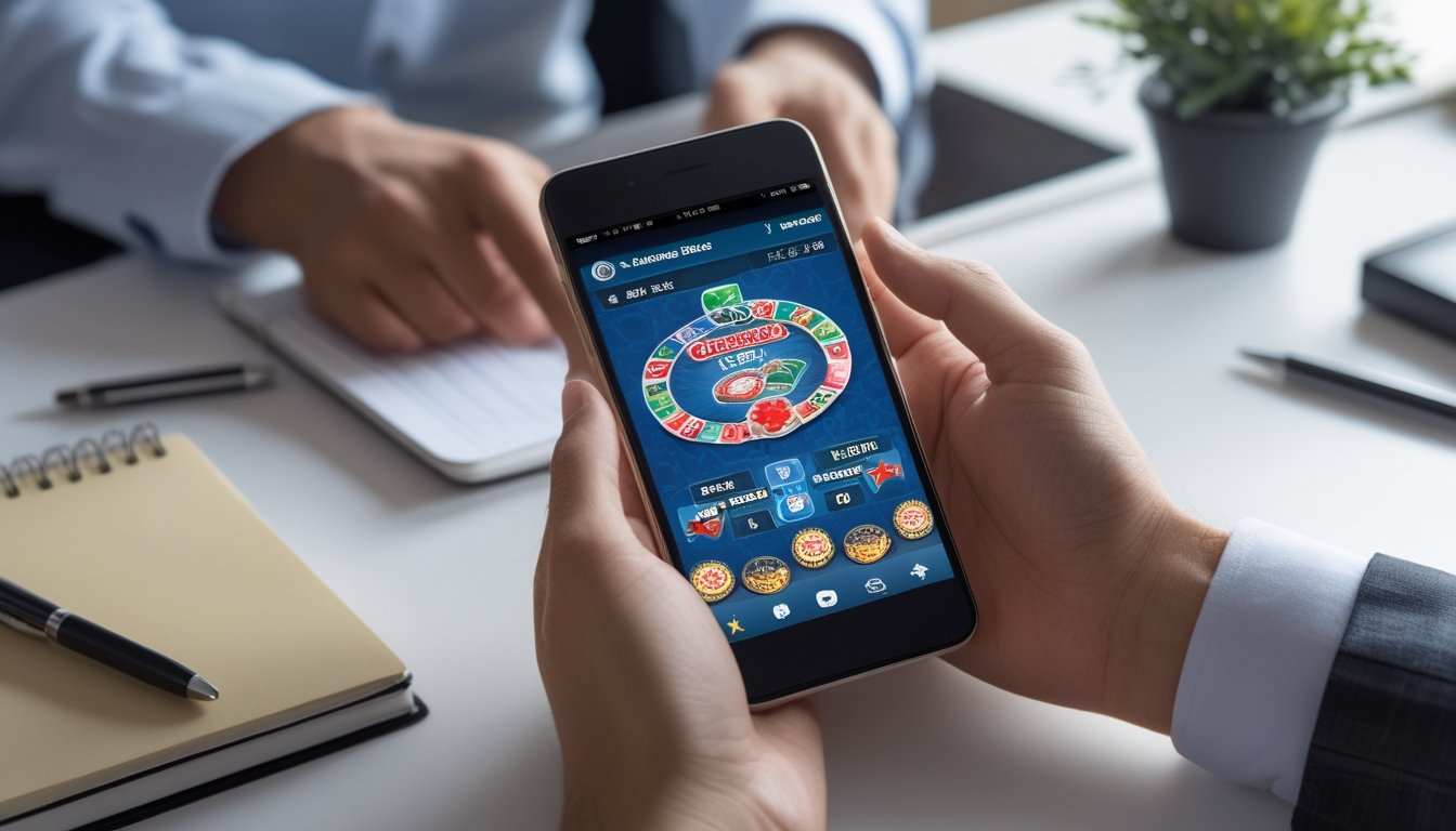 Seseorang sedang bermain Chinese Poker di aplikasi ponsel dengan kartu dan chip terlihat di layar, duduk di meja kerja yang rapi.