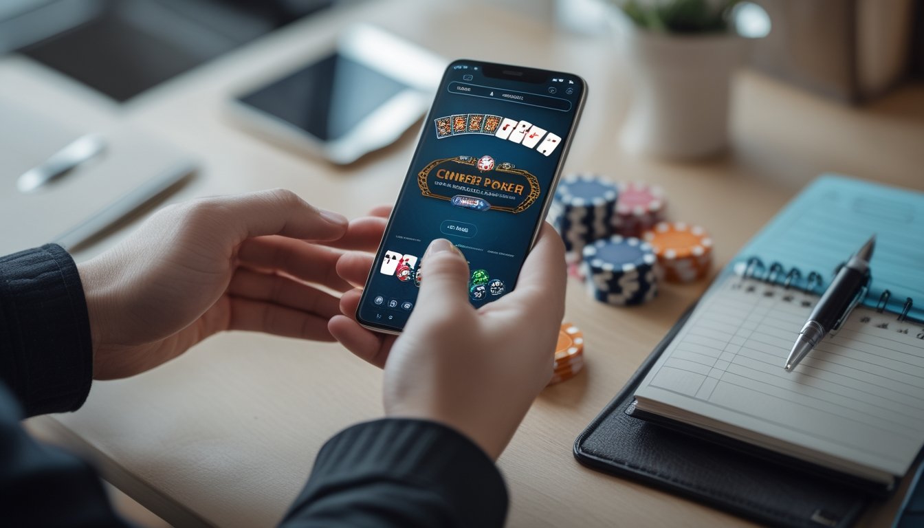 Seorang pemain menggunakan ponsel untuk bermain Chinese Poker dengan tumpukan chip poker dan kartu di atas meja, serta buku catatan dan pena di sampingnya.