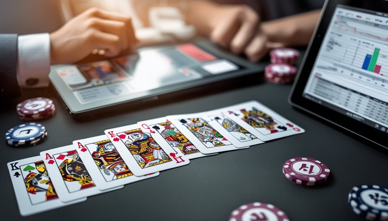 Pandangan dekat meja poker Cina dengan kartu yang menunjukkan kombinasi jackpot dan tablet digital yang menampilkan grafik analisis peluang.