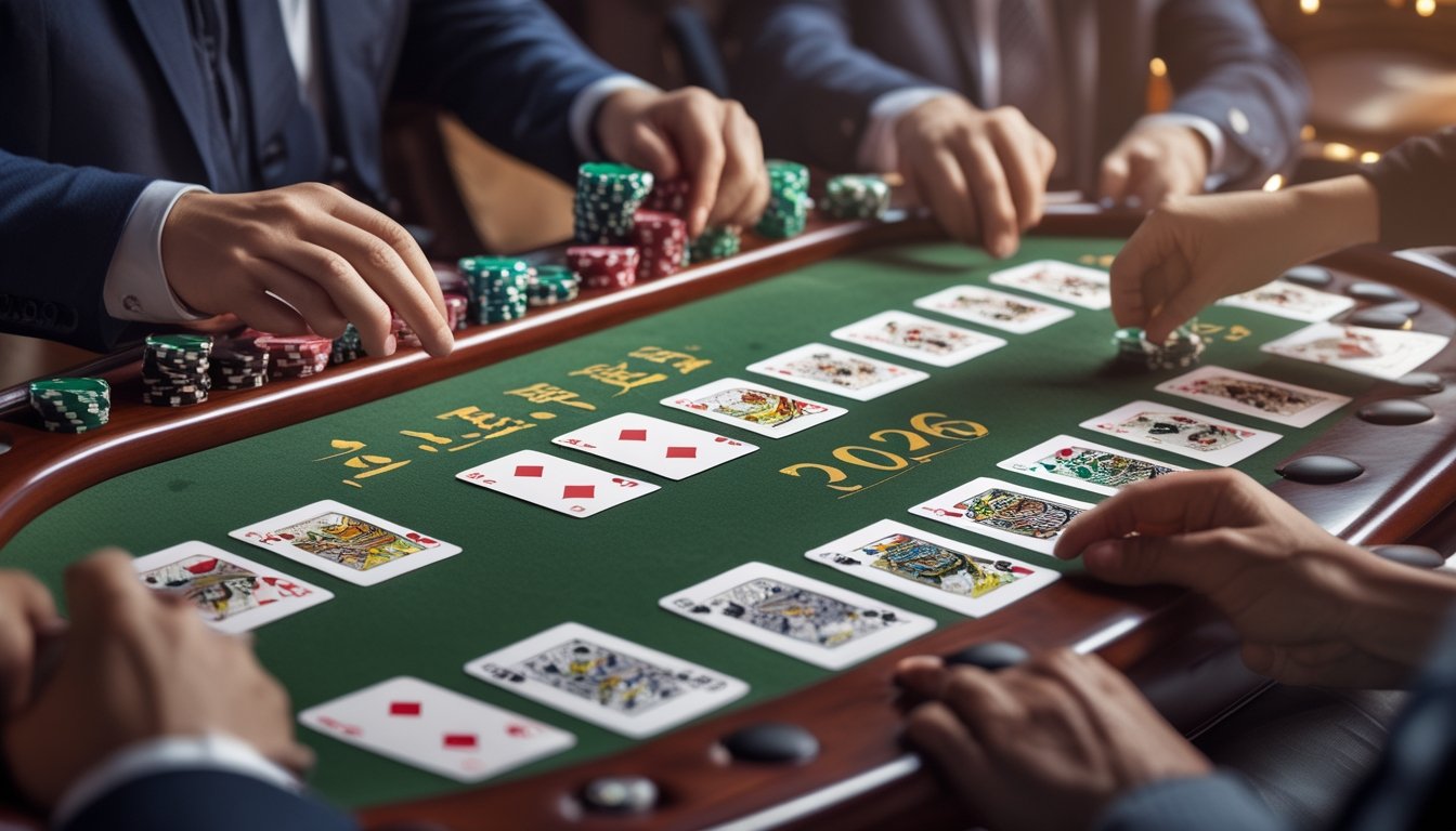 Meja poker dengan kartu Chinese Poker yang tersusun rapi dan tangan pemain yang sedang bermain.