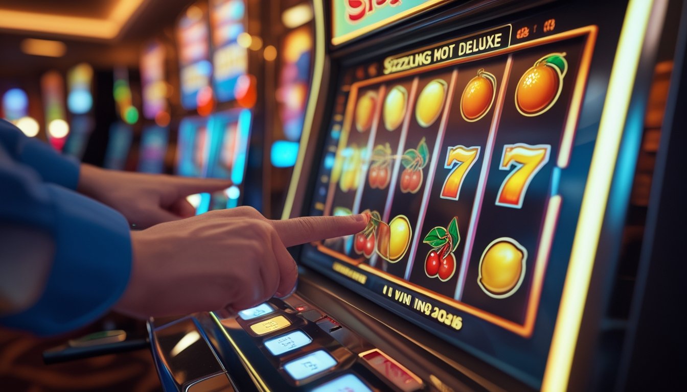 Tangan pemain menekan tombol mesin slot dengan simbol buah berwarna-warni di layar dalam suasana kasino yang hangat dan terang.