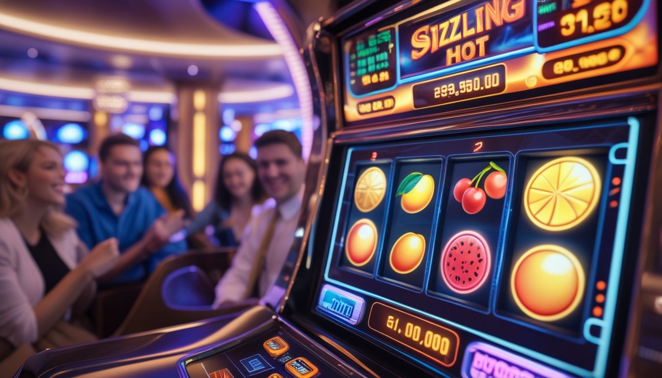 Orang-orang bermain mesin slot Sizzling Hot Deluxe dengan simbol buah berwarna-warni dan suasana kasino yang ramai.