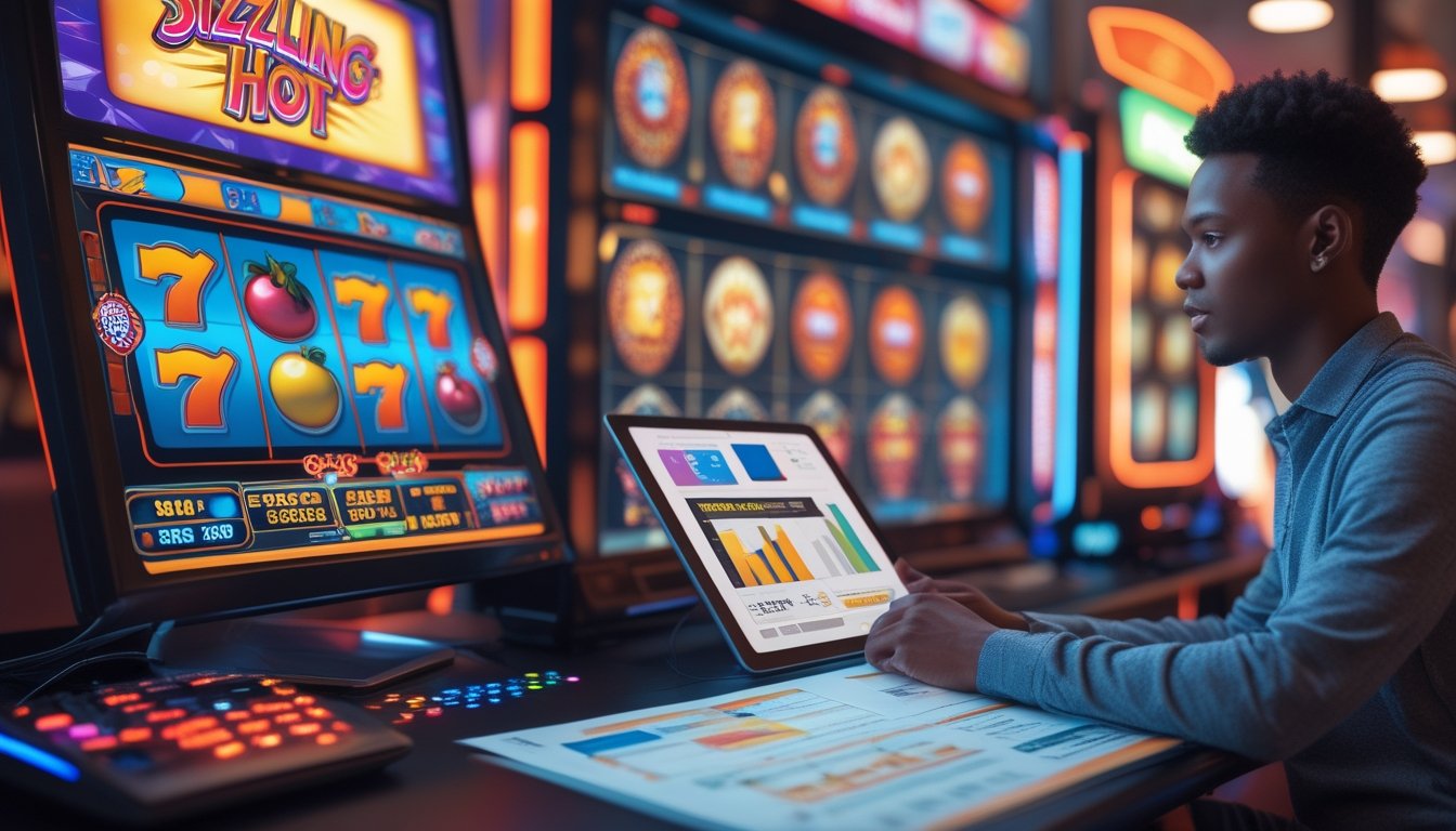 Seorang dewasa muda sedang menganalisis grafik dan data di depan komputer yang menampilkan permainan slot dengan simbol buah dan angka, dalam suasana teknologi modern.
