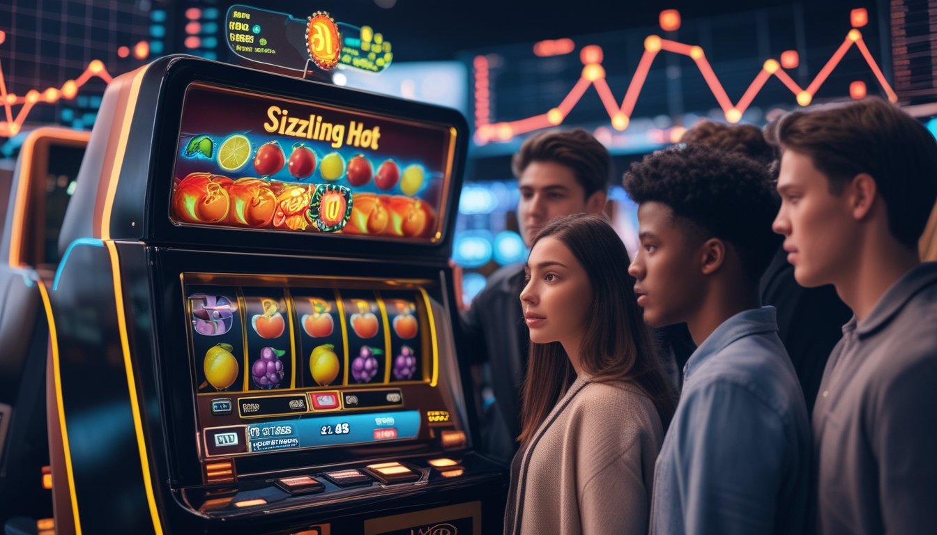 Sekelompok orang muda mengamati mesin slot dengan simbol buah berwarna-warni di kasino modern, dengan grafik digital di latar belakang yang menunjukkan volatilitas data dan RTP.
