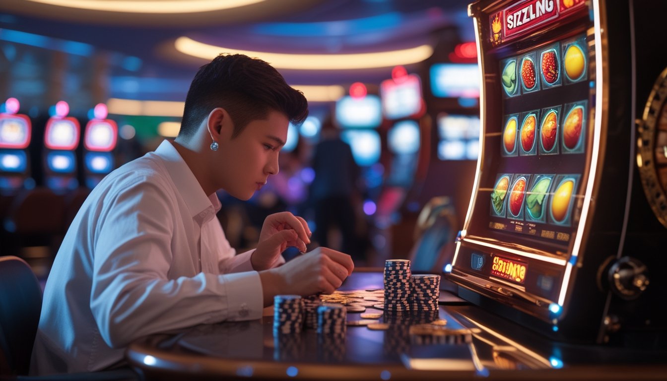 Seseorang sedang menghitung chip dan mengatur modal taruhan di depan mesin slot dengan simbol buah yang berwarna-warni di kasino.