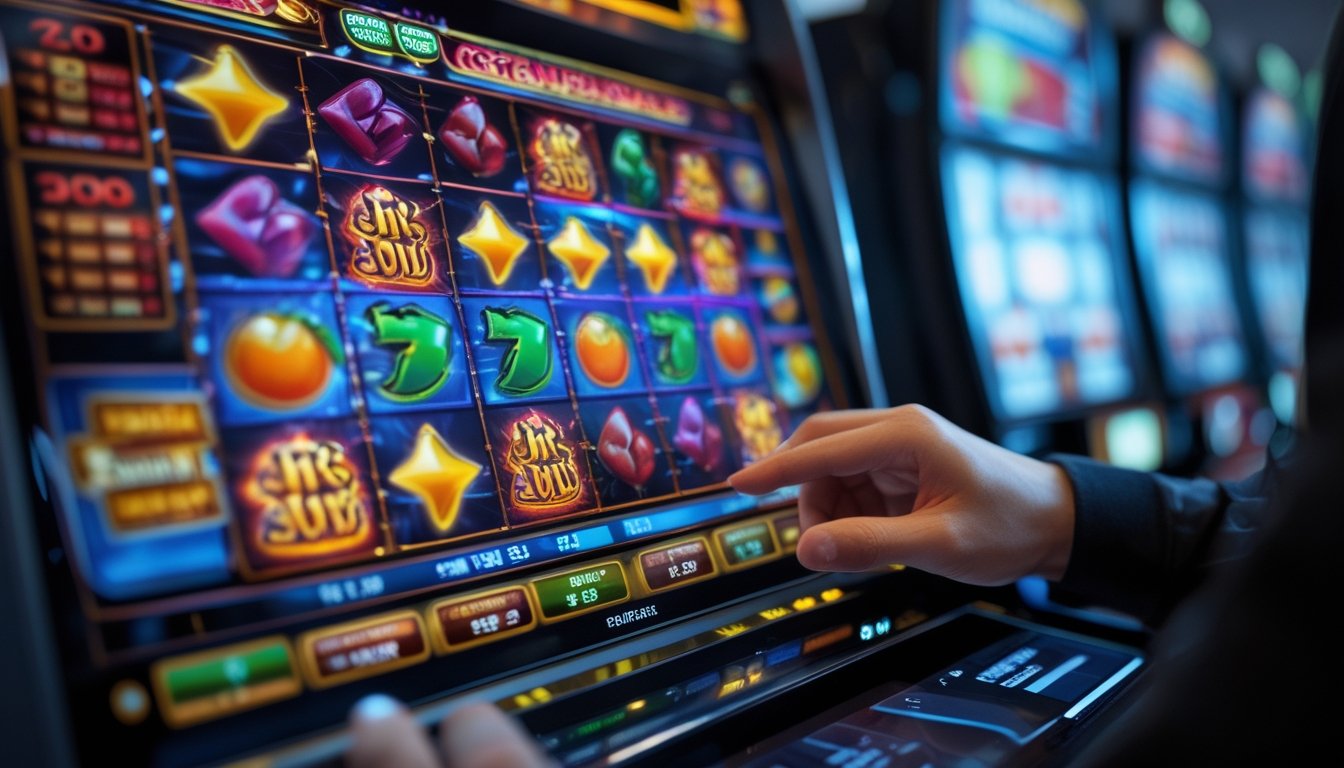Seorang pria sedang menganalisis pola simbol scatter pada layar mesin slot Sizzling Hot Deluxe dengan perangkat digital di lingkungan yang terang dan modern.