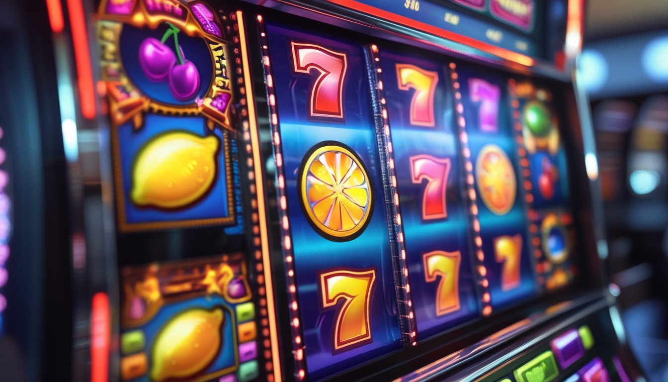 Tampilan dekat layar mesin slot dengan simbol scatter berwarna cerah dari permainan Sizzling Hot Deluxe di kasino.