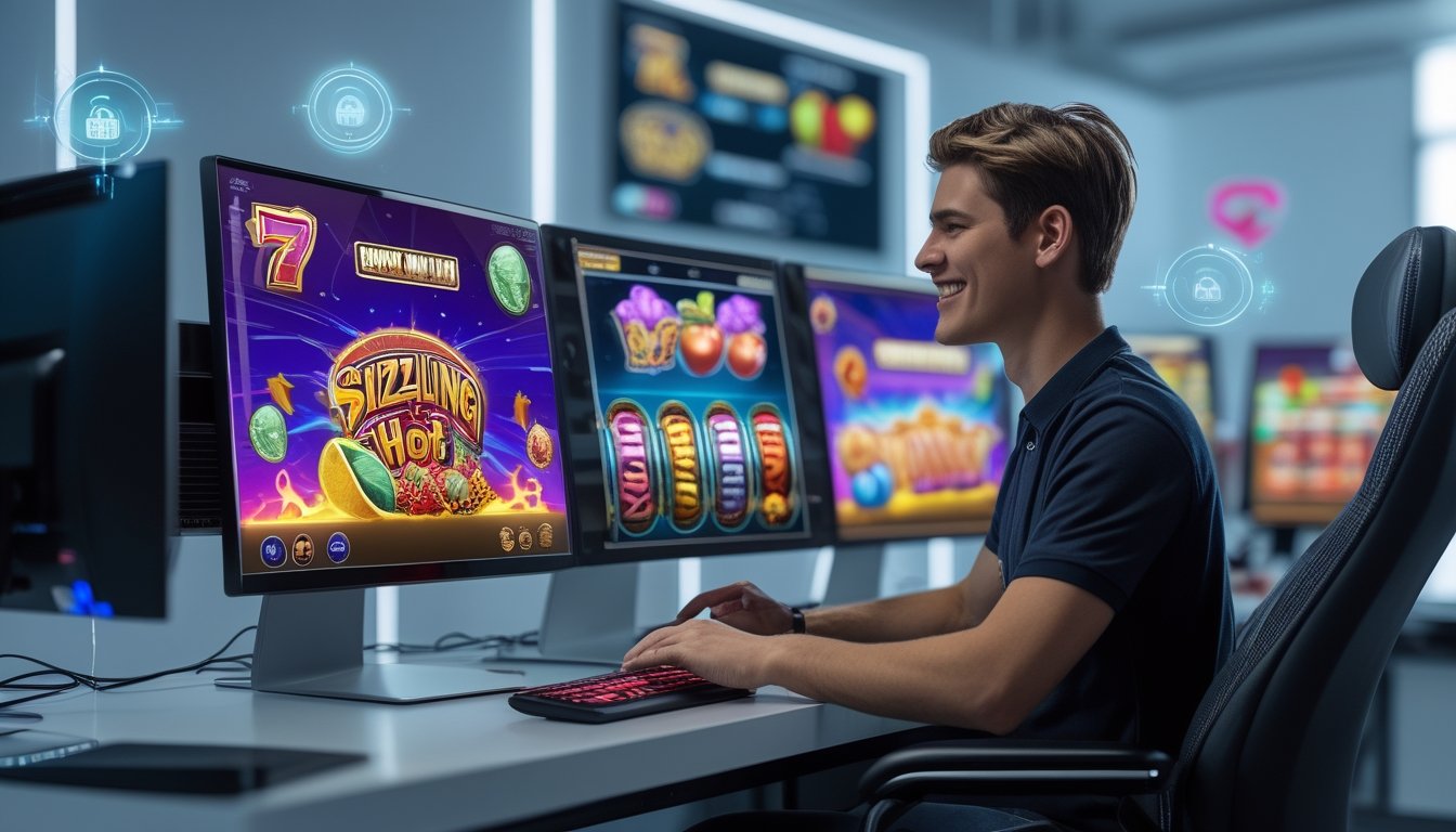 Seorang dewasa muda bermain game slot online di komputer dengan layar menampilkan simbol buah warna-warni di ruang gaming yang terang dan aman.