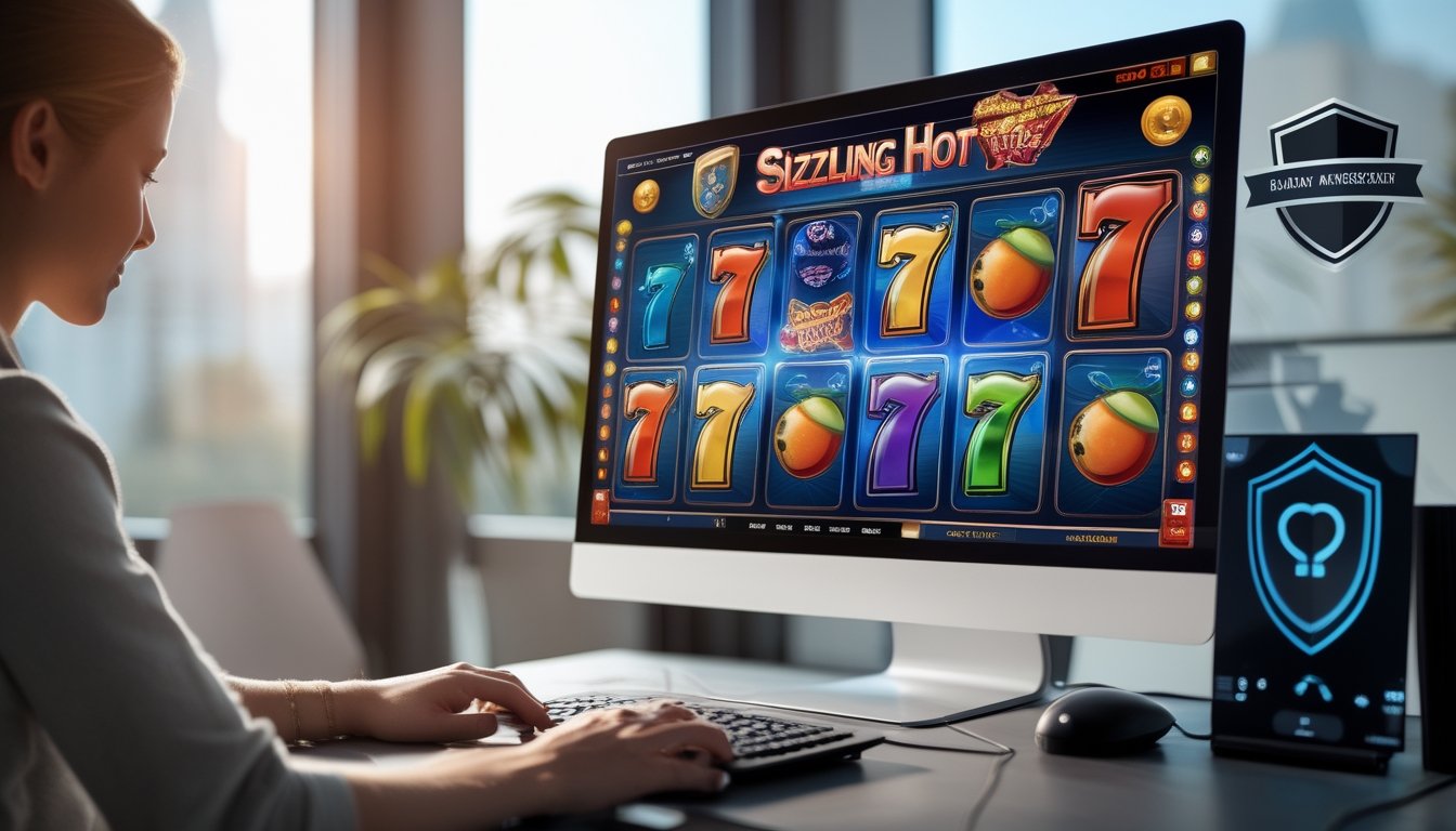 Seorang pengguna bermain permainan slot online di komputer dengan tampilan permainan warna-warni dan simbol keamanan di latar belakang.