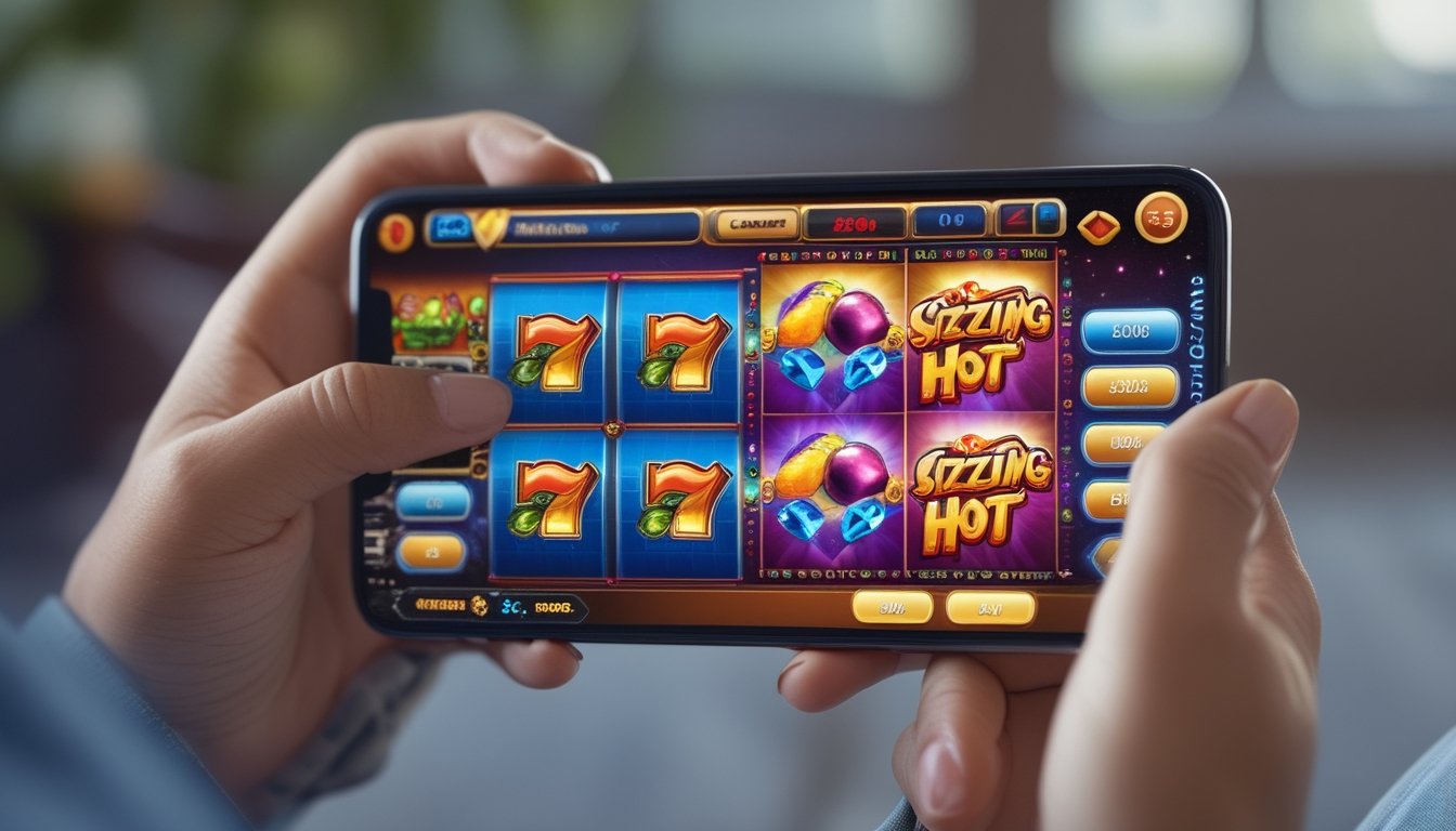 Seseorang memegang smartphone yang menampilkan permainan slot dengan buah-buahan berwarna cerah di layar.