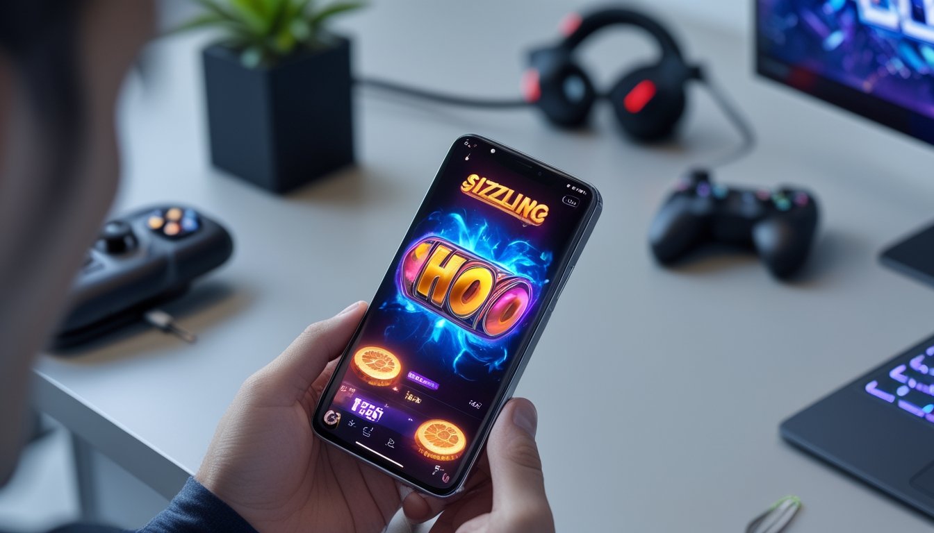 Seseorang memegang smartphone dengan layar menampilkan permainan grafis warna-warni, di atas meja dengan aksesori teknologi di sekitarnya.