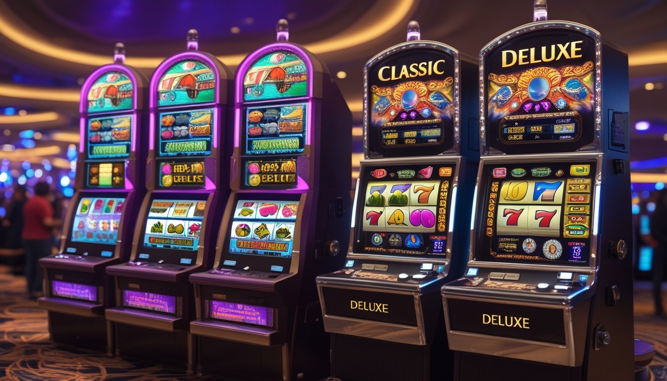 Dua mesin slot berdampingan di lantai kasino, satu dengan desain klasik dan satu lagi dengan desain mewah dan fitur tambahan.