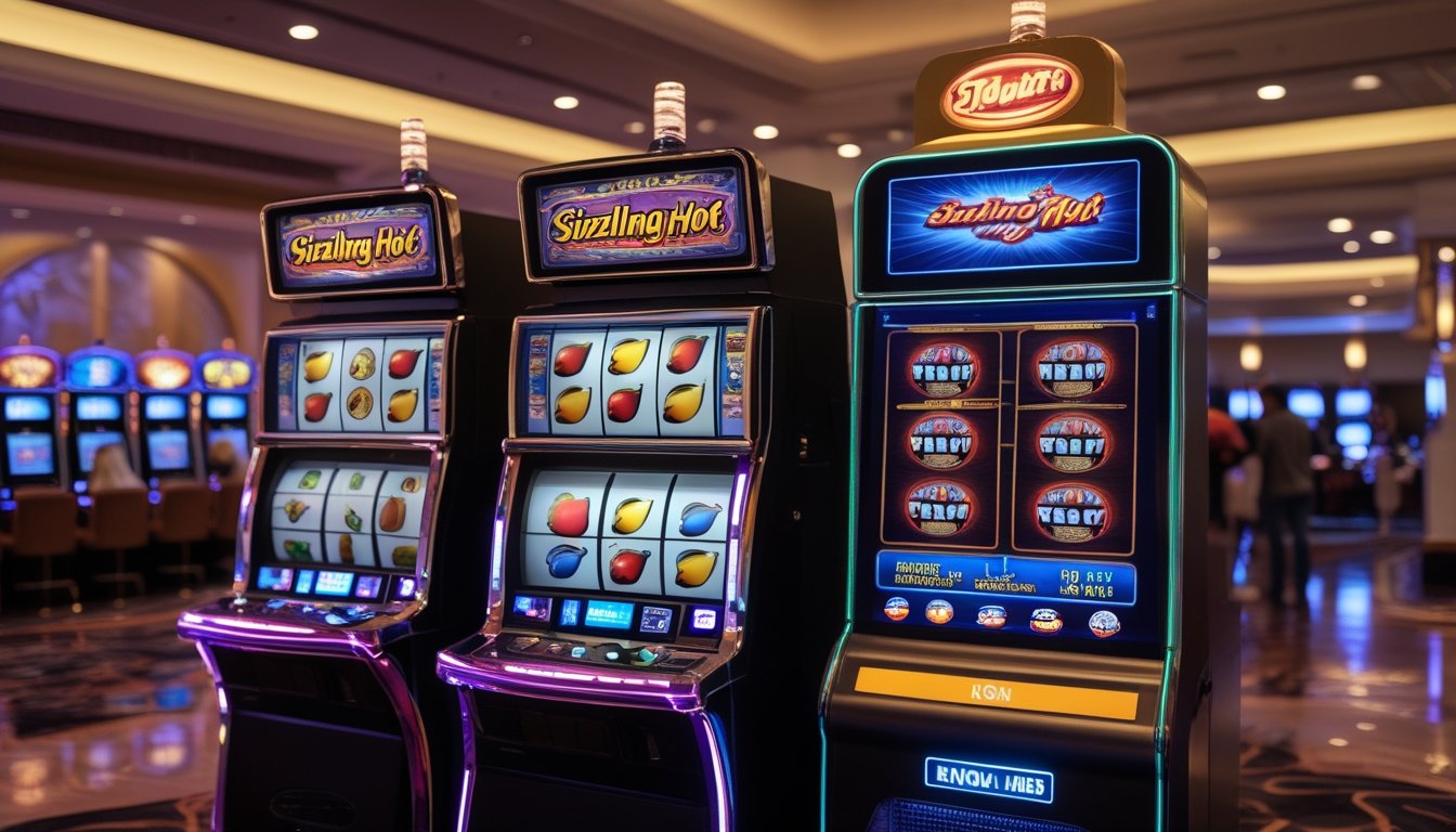 Dua mesin slot berdampingan di lantai kasino dengan pemain yang sedang memperhatikan, menunjukkan perbedaan desain dan fitur antara versi klasik dan deluxe permainan Sizzling Hot.