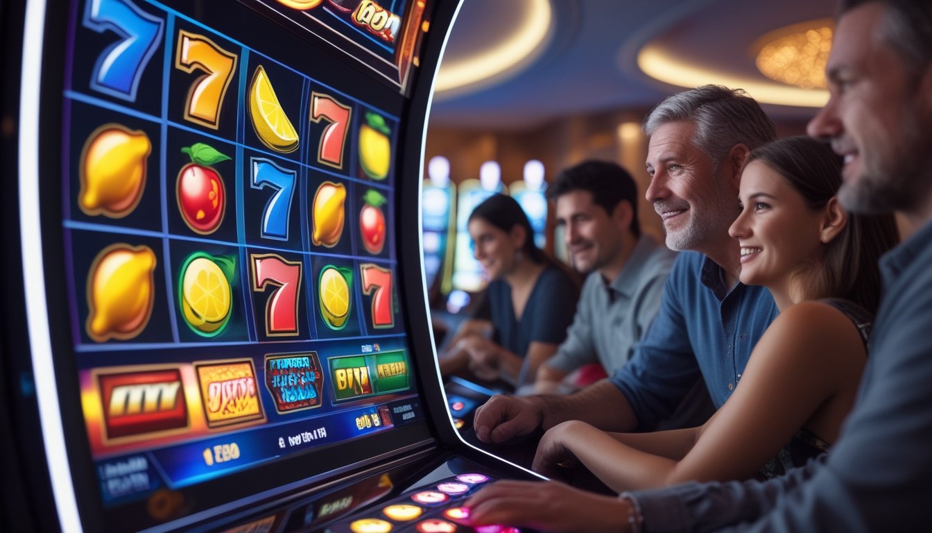 Beberapa pemain sedang melihat layar mesin slot dengan simbol buah warna-warni di kasino yang terang dan modern.
