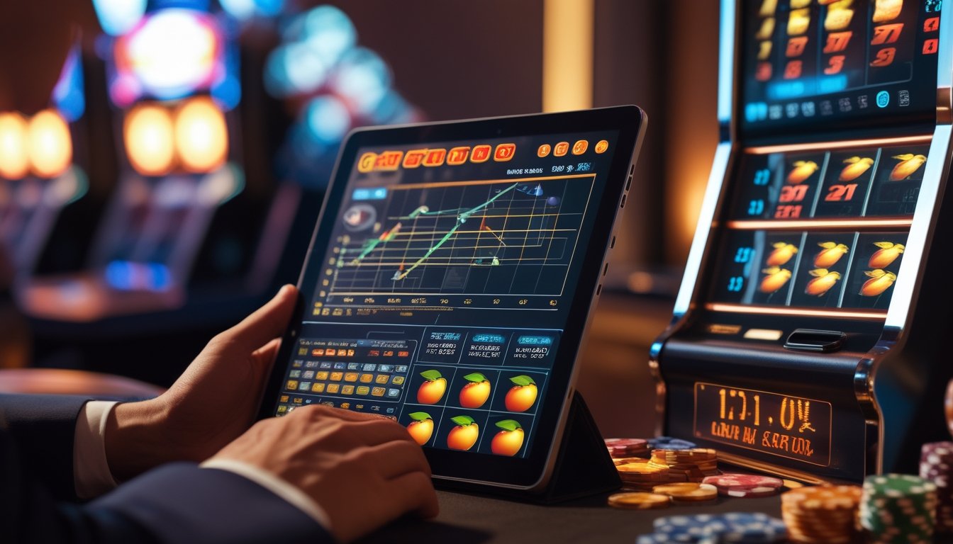 Seorang pria berpakaian rapi sedang menganalisis strategi taruhan dengan tablet di depan mesin slot yang menyala di kasino.