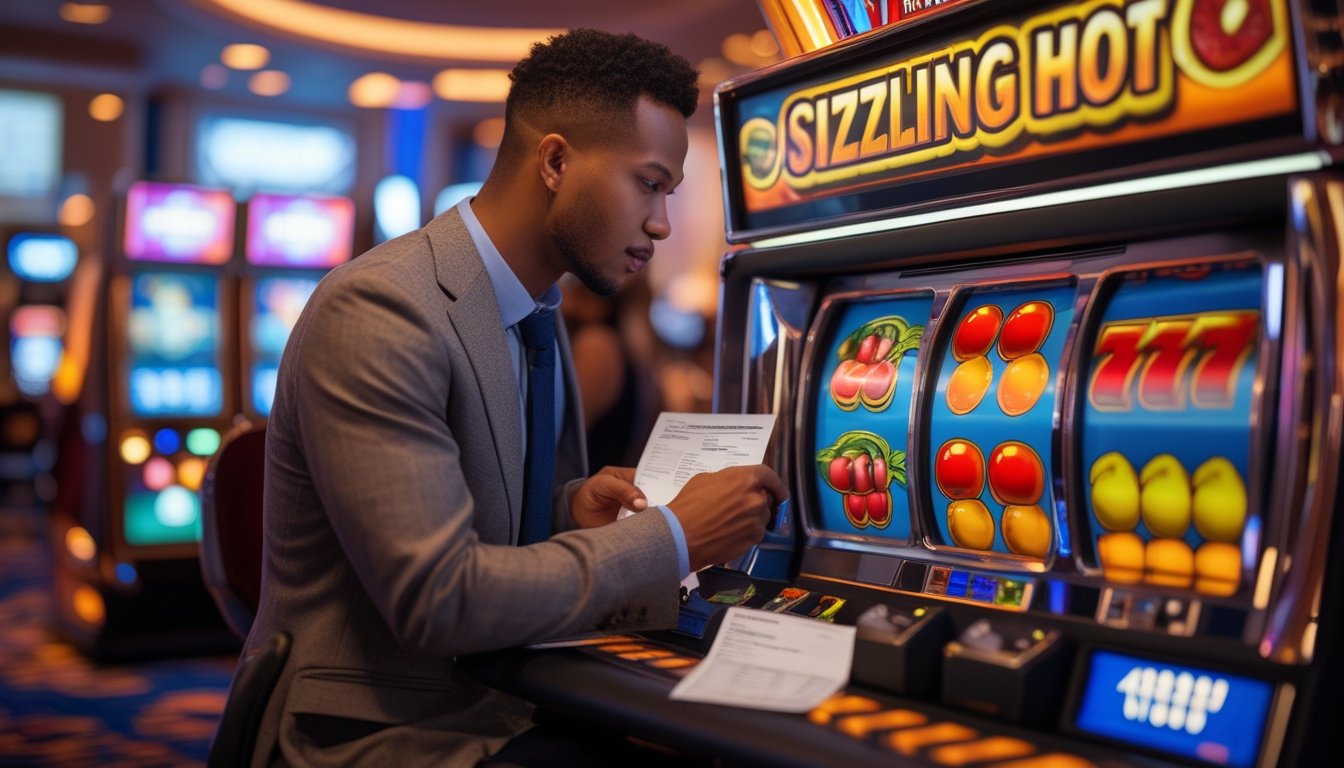 Seorang pemain sedang memperhatikan mesin slot Sizzling Hot di dalam kasino dengan suasana yang ramai dan pencahayaan hangat.