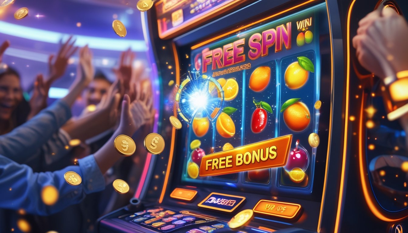 Tangan pemain yang merayakan kemenangan bonus putaran gratis pada mesin slot digital dengan simbol buah berwarna-warni dan koin emas berjatuhan.