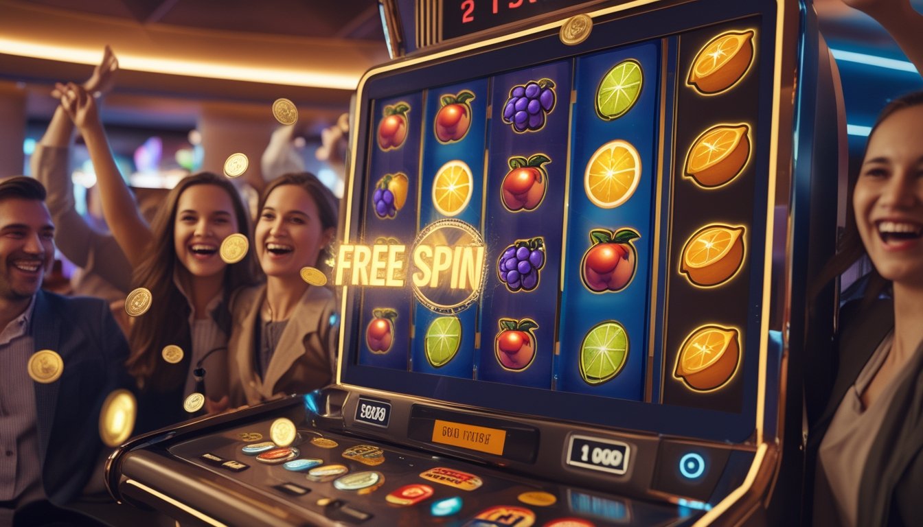 Orang-orang di kasino yang sedang merayakan kemenangan di mesin slot dengan simbol buah berwarna-warni dan koin yang jatuh di udara.