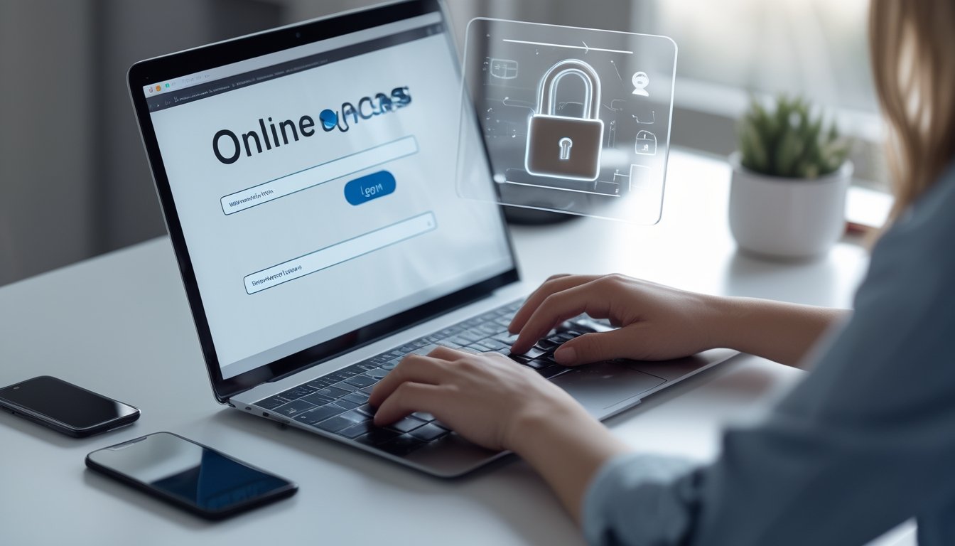Sebuah laptop di meja kerja dengan layar login digital dan perangkat teknologi di sekitarnya.