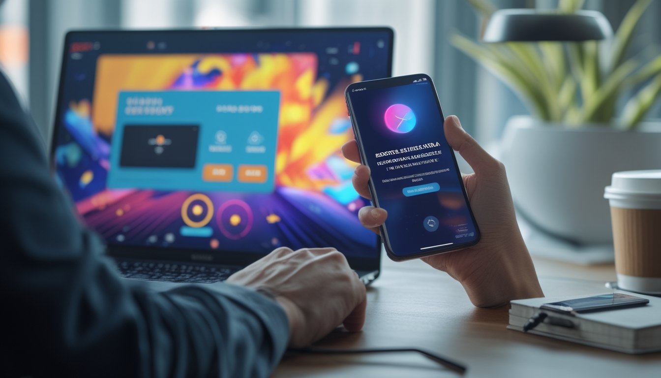 Seseorang menggunakan laptop dan smartphone di meja kerja modern dengan tampilan aplikasi pembayaran digital dan platform permainan online.