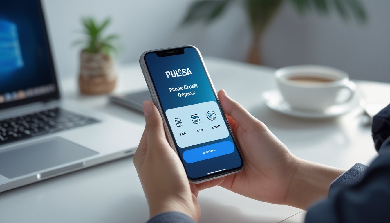 Tangan seseorang memegang ponsel pintar dengan layar aplikasi pembayaran digital, di meja kerja modern dengan laptop dan cangkir kopi.