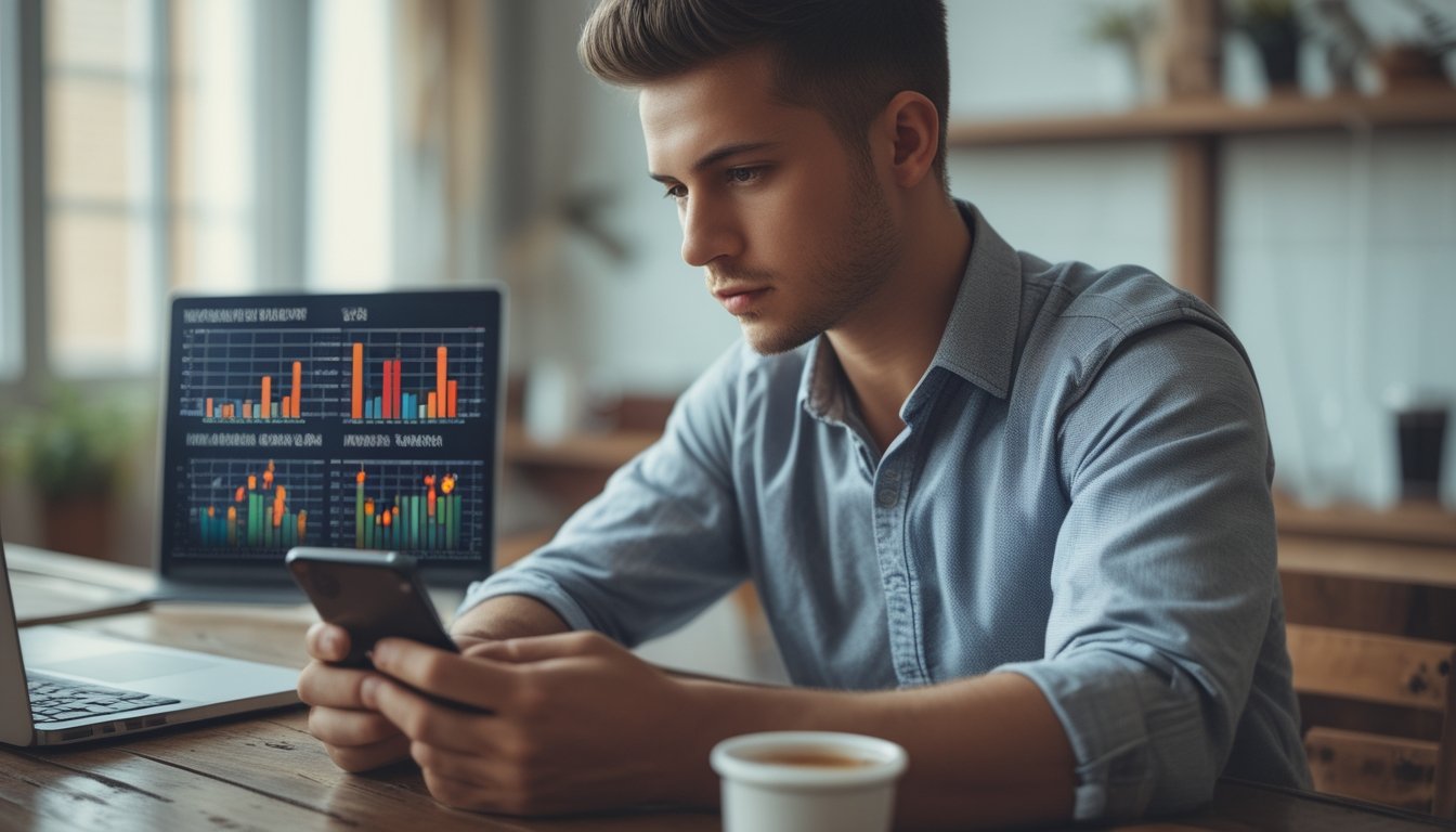 Seorang pria muda sedang fokus melihat statistik pertandingan sabung ayam di aplikasi di ponsel dengan laptop dan catatan di meja.