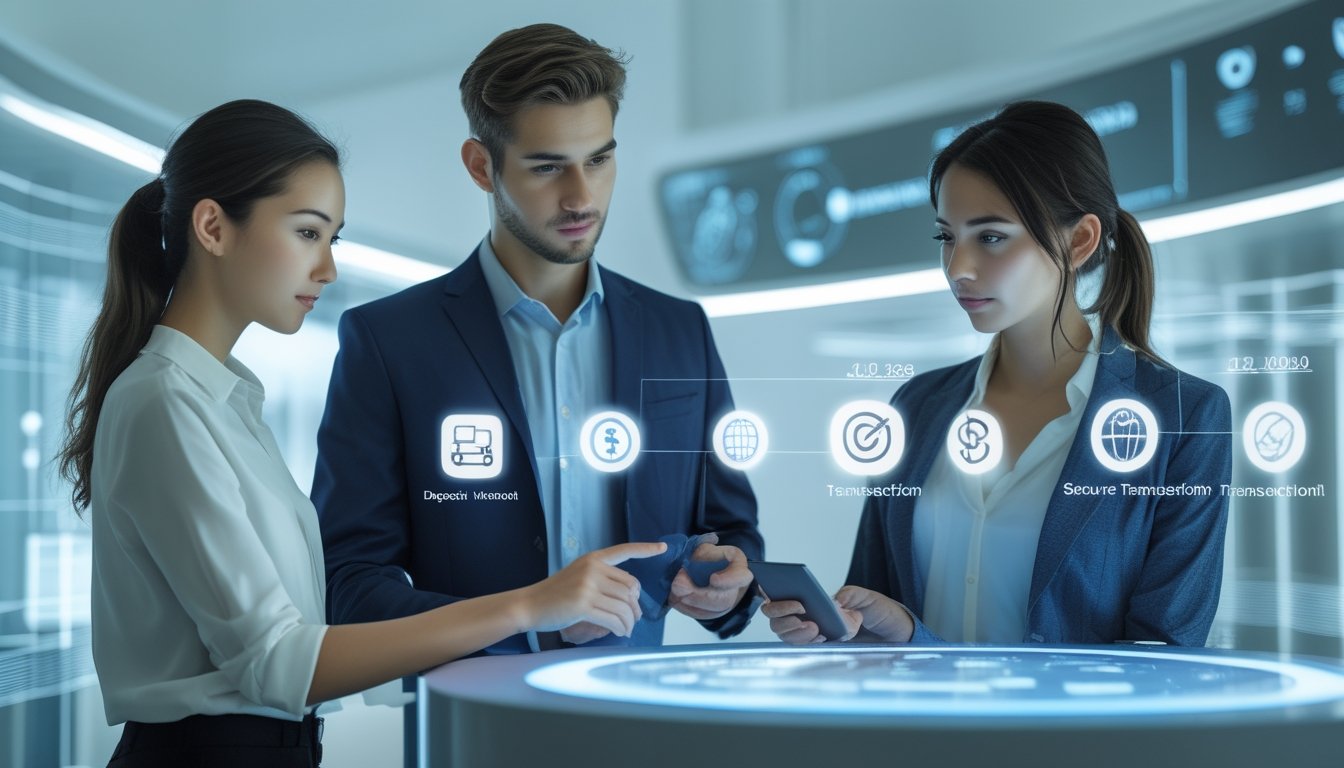 Dua orang muda menggunakan antarmuka digital untuk melakukan transaksi deposit dan penarikan uang di lingkungan teknologi tinggi.