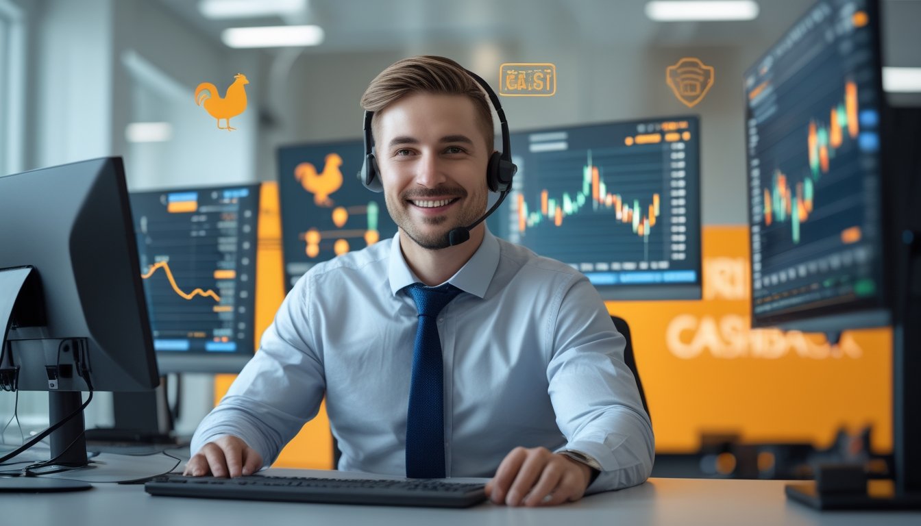 Seorang agen layanan pelanggan pria yang percaya diri sedang duduk di meja kantor modern dengan beberapa monitor komputer, menunjukkan suasana kerja yang profesional dan terpercaya.