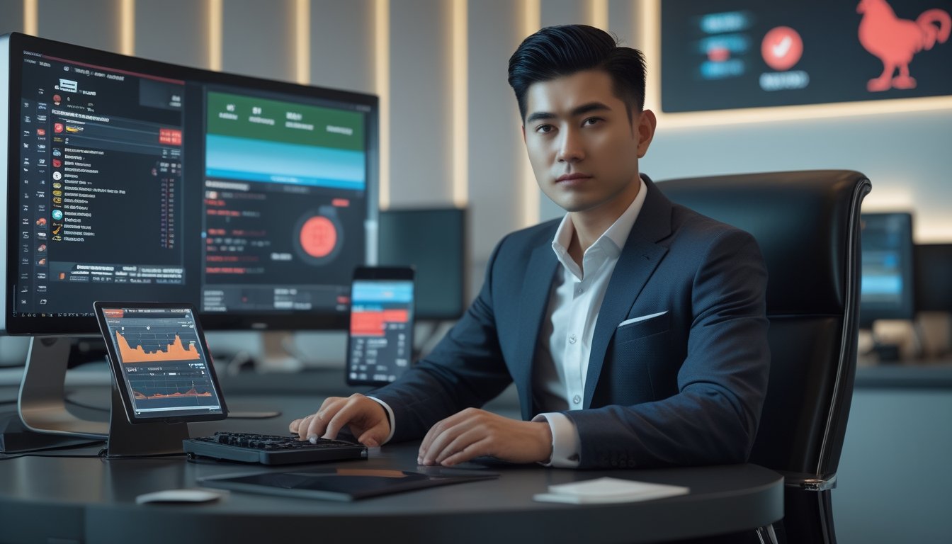 Seorang pria Asia Tenggara duduk di meja kantor modern dengan beberapa layar komputer yang menampilkan data terkait permainan online dan taruhan.