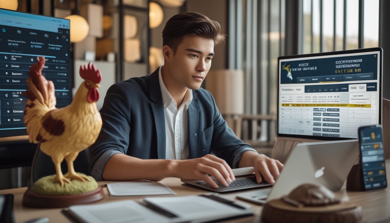 Seorang pria muda sedang mempelajari strategi taruhan sabung ayam dengan perangkat digital dan patung ayam di meja.