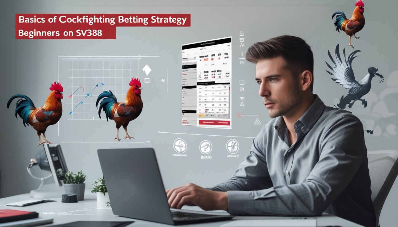 Seorang pria muda duduk di depan laptop dengan tampilan antarmuka taruhan sabung ayam digital, dipadu dengan grafik dan ikon ayam jago, suasana menunjukkan fokus dan strategi.