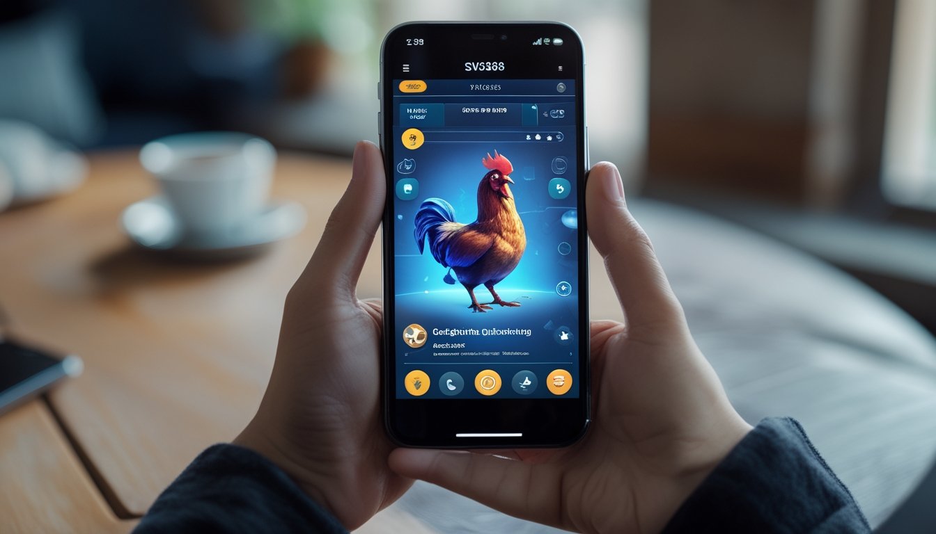 Seseorang memegang smartphone yang menampilkan aplikasi permainan sabung ayam SV388 dengan latar belakang santai.