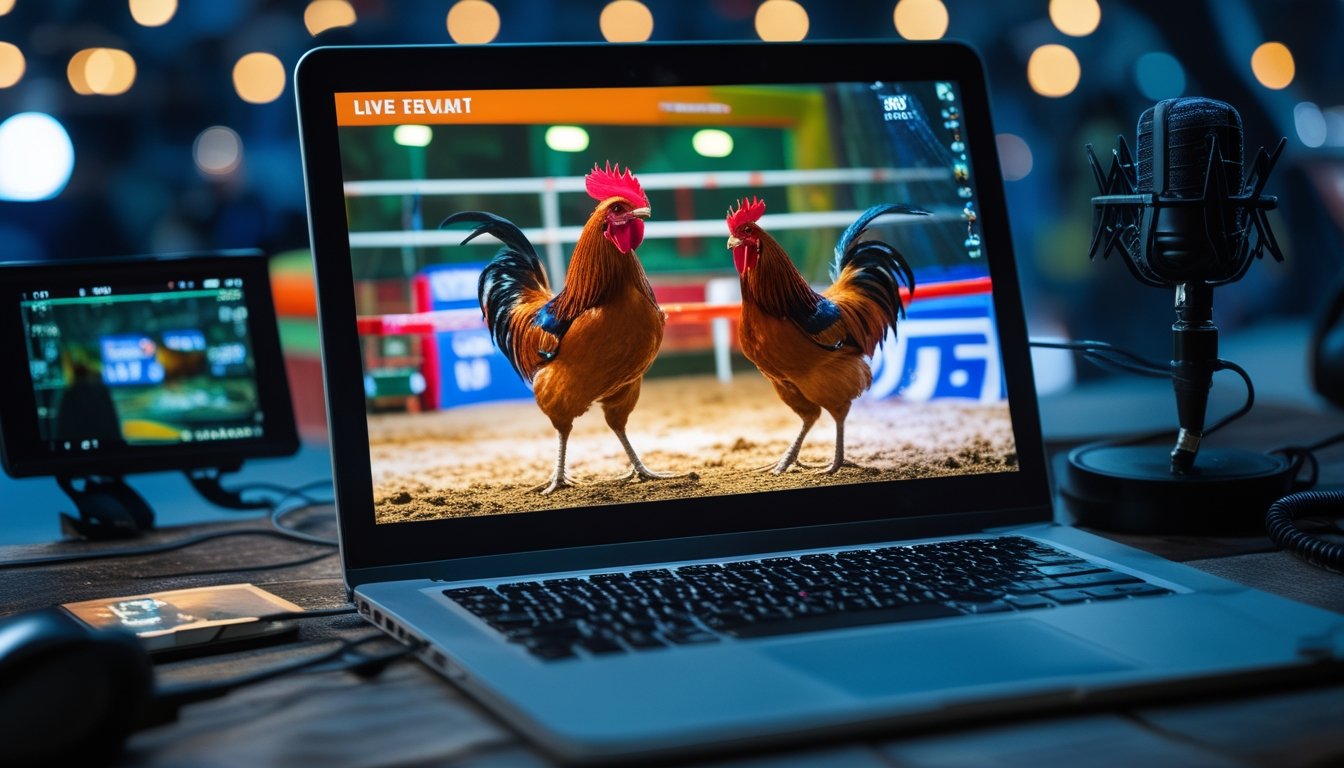 Sebuah layar komputer menampilkan video pertarungan langsung ayam jago dengan kualitas gambar yang sangat jelas, dikelilingi oleh peralatan streaming seperti mikrofon dan headphone.