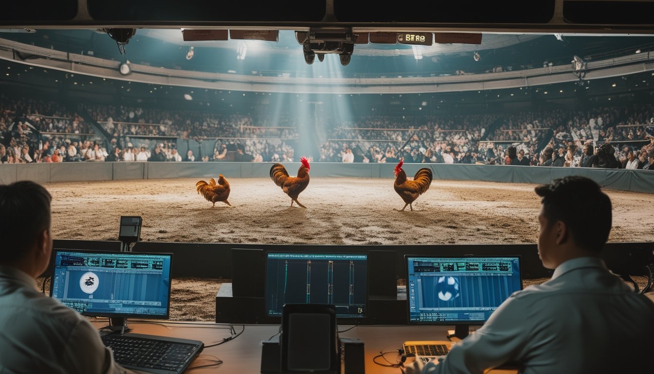 Sebuah ruang kontrol dengan operator yang menampilkan layar HD menampilkan pertandingan sabung ayam dengan dua ayam berjaga di arena dan penonton di latar belakang.