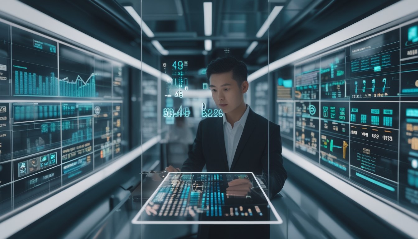 Seseorang sedang menganalisis data angka pada layar holografik di kantor modern dengan teknologi canggih.