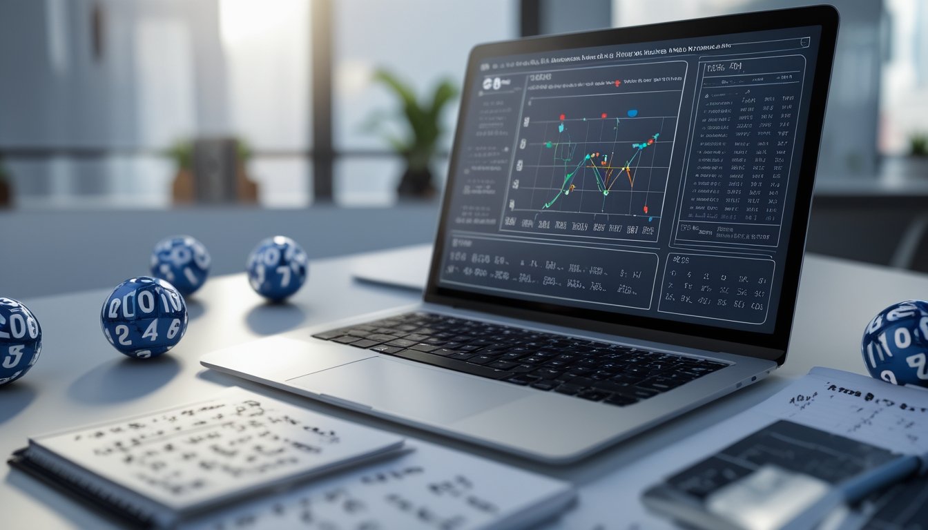 Meja kerja dengan laptop yang menampilkan grafik dan angka, bola togel bernomor, kalender tahun 2026, dan catatan dengan perhitungan.
