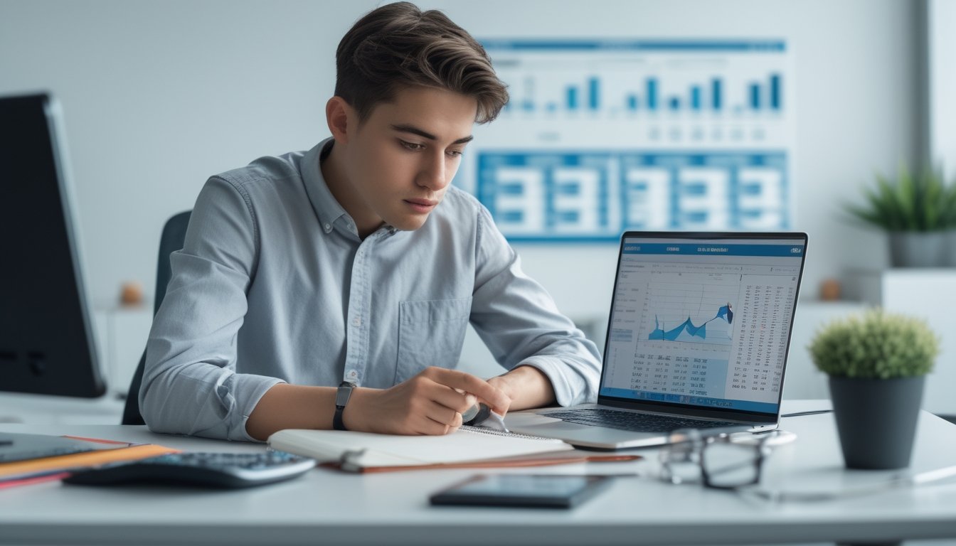 Seseorang muda duduk di meja kantor dengan buku catatan, komputer, dan laptop, sedang menganalisis data dengan serius.
