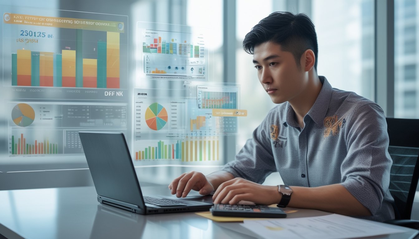 Seorang pria muda duduk di meja kerja dengan laptop dan kalkulator, sedang menganalisis data angka di kantor yang terang dan rapi.