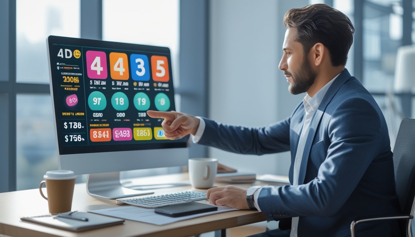 Seorang profesional di kantor modern sedang menggunakan komputer yang menampilkan antarmuka lotere digital dengan angka dan grafik hadiah besar.