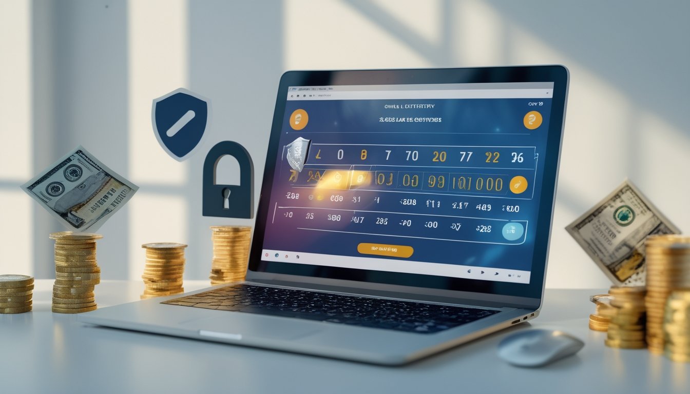 Seorang pengguna sedang melihat layar komputer yang menampilkan antarmuka lotere online dengan simbol keamanan dan uang di sekitar meja kerja.