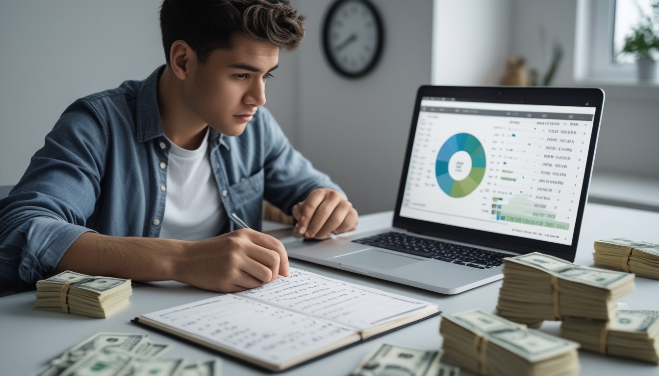 Seseorang duduk di meja dengan uang, buku catatan, dan laptop, terlihat fokus merencanakan strategi permainan togel.
