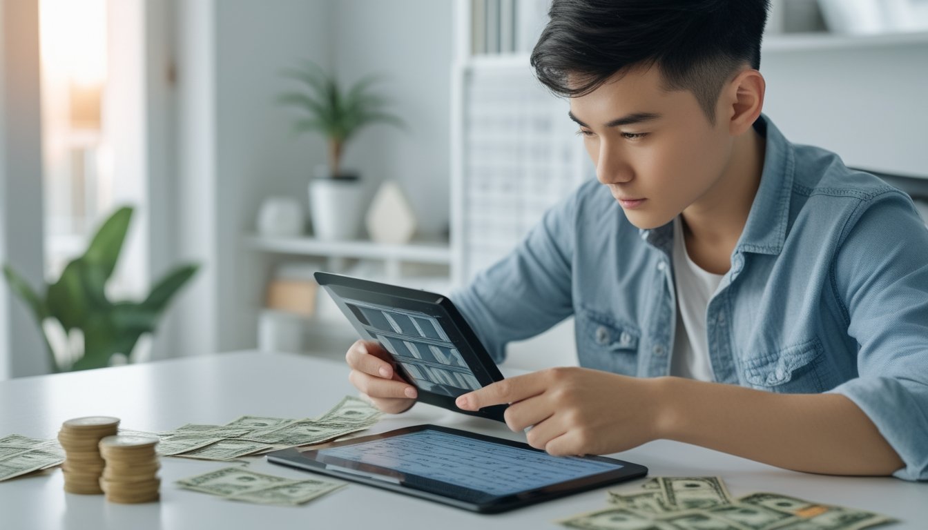 Seseorang sedang fokus melihat tablet digital dengan tiket togel dan uang di atas meja yang rapi.